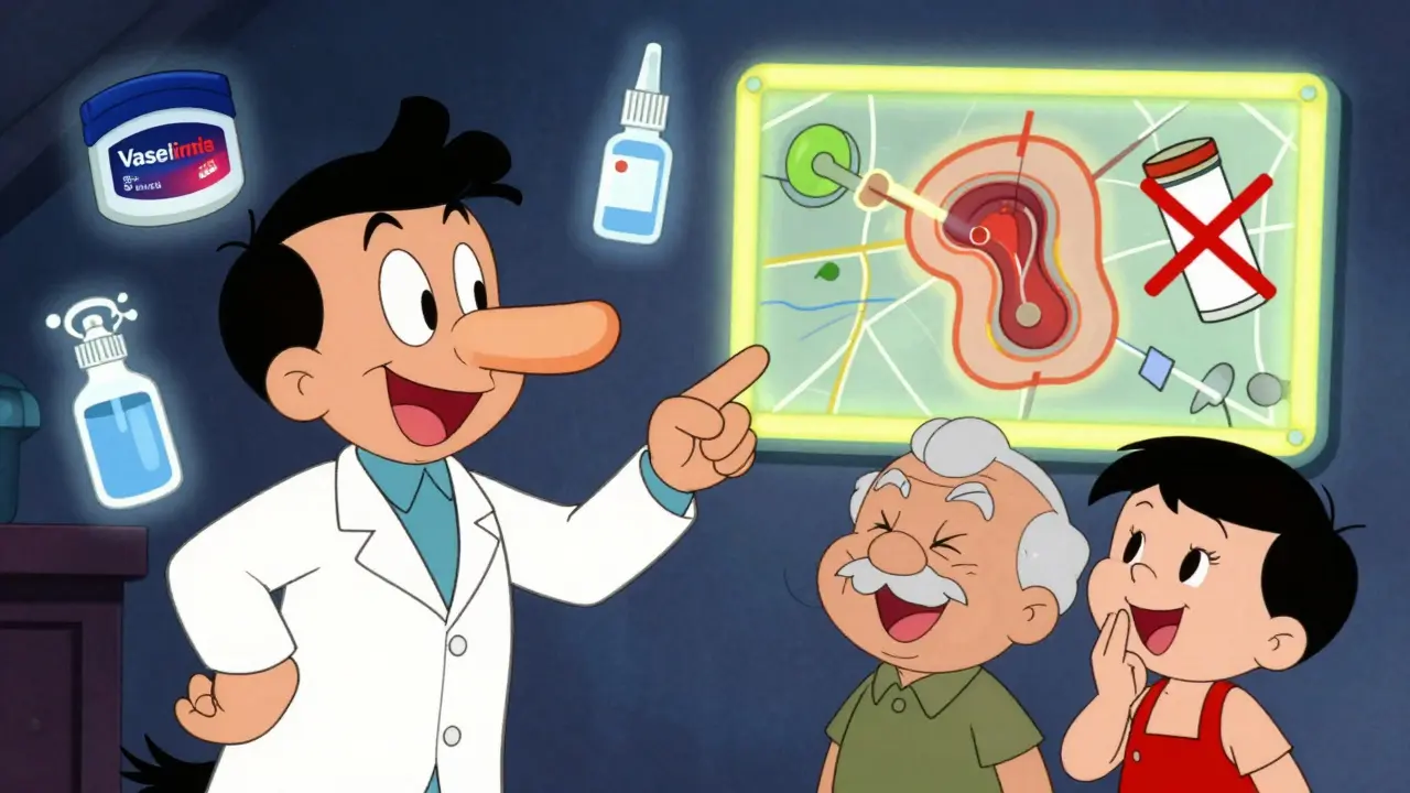 Pharmacist explaining nose anatomy with icons of Vaseline, saline spray, and humidifier