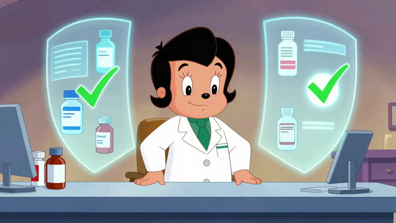 Pharmacist holding digital shield protecting medicine vials in cartoon style.