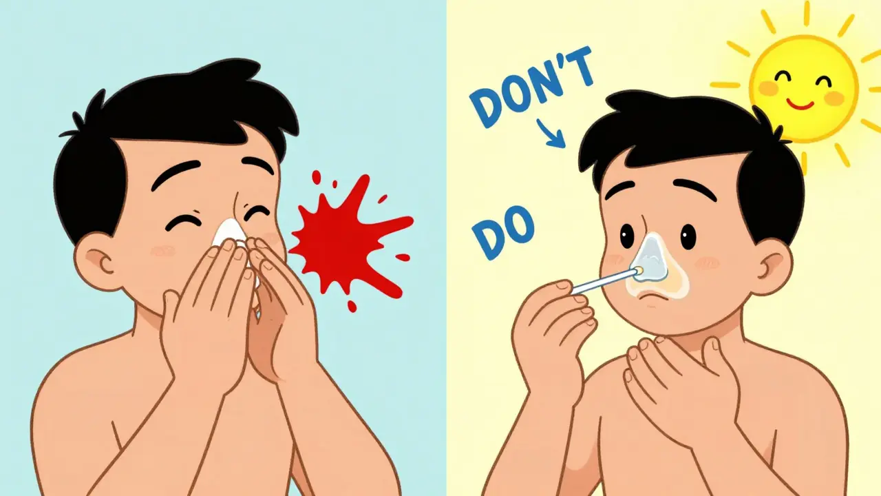 Split cartoon scene: violent nose-blowing vs. gentle moisturizing with clear do's and don'ts