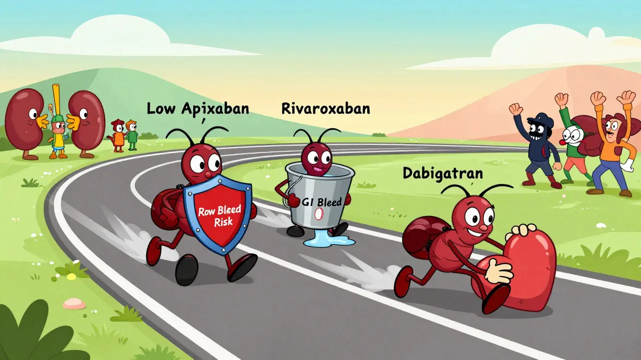 Three anticoagulant characters racing, with apixaban leading and others hindered by risks.
