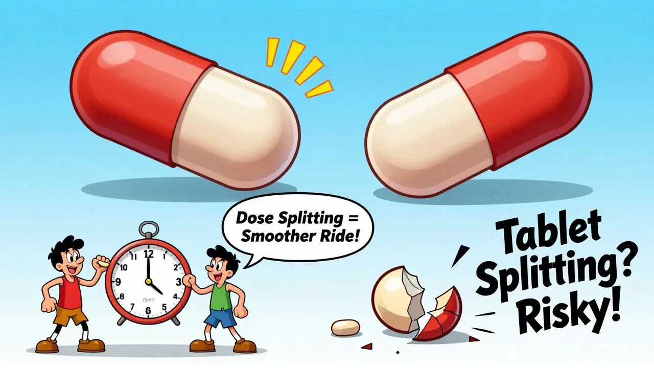 Two pills being split evenly with a pill splitter, contrasting with a poorly cut pill, showing safe vs risky dosing.