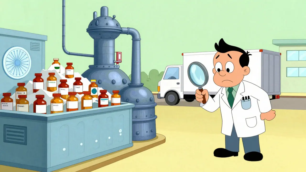 A cartoon illustration of a medicine factory in India supplying a doctor in the United States.