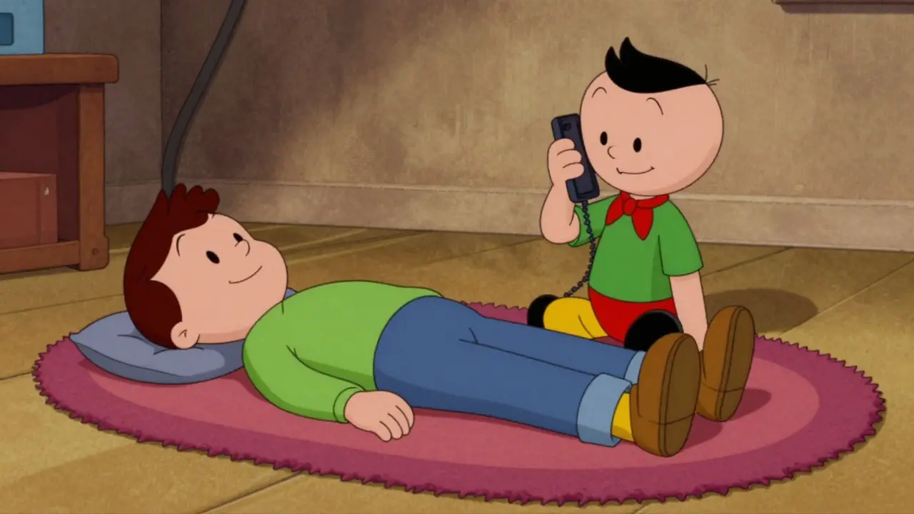 Cartoon character lying flat on their back while another person calls emergency services.