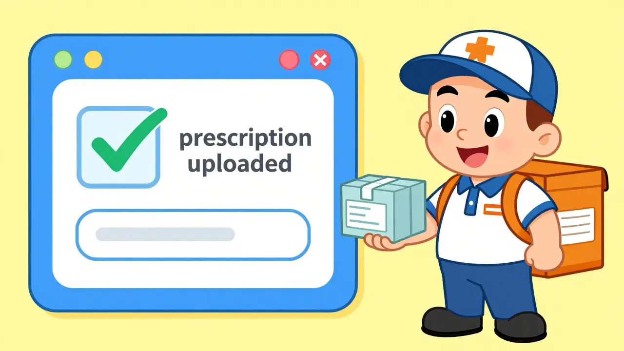 Cartoon depiction of a digital pharmacy upload and a delivery person with a medical package