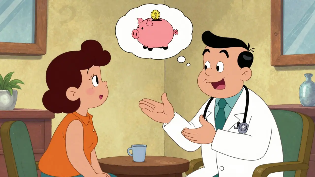 Cartoon doctor explaining generic medication benefits to a happy patient.