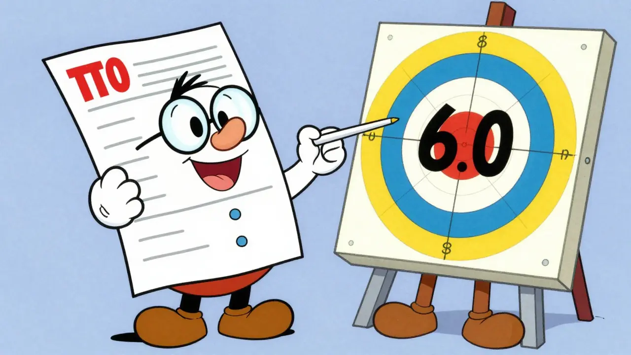 Cartoon doctor pointing to a target value of 6.0 on a blood test report.