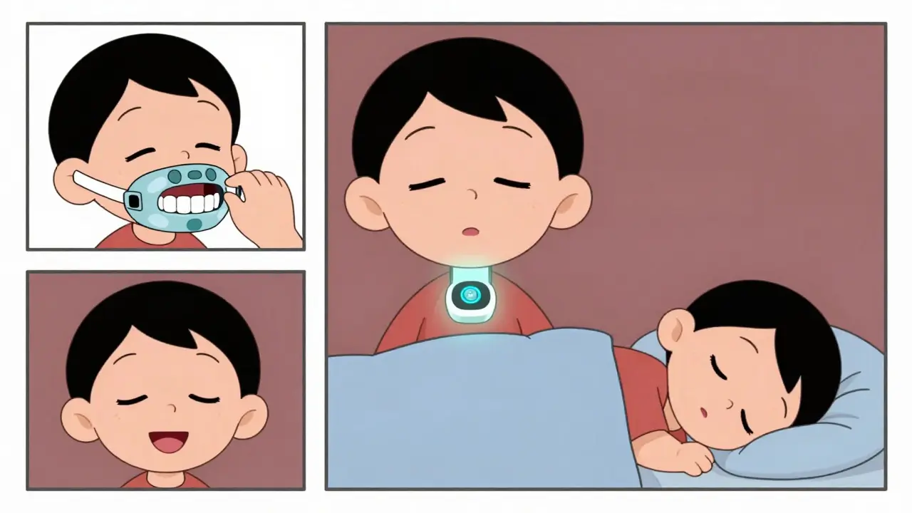 Cartoon illustrations of an oral appliance, a nerve stimulator, and a positional sleep device.