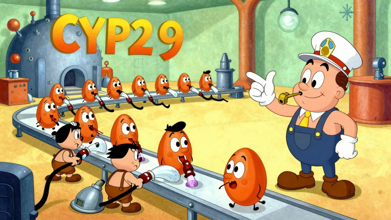 Cartoon liver factory where enzymes rapidly process Warfarin molecules