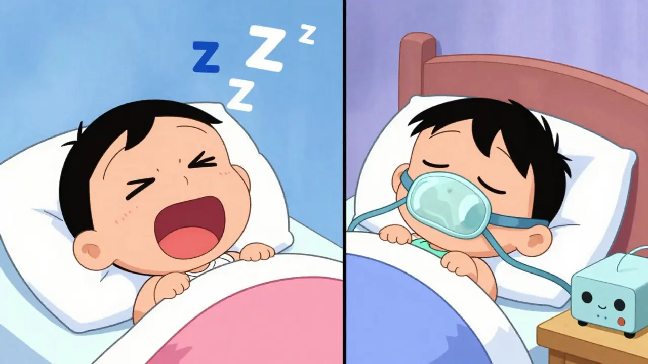 Comparison of a snoring man versus a man sleeping peacefully with a CPAP machine.