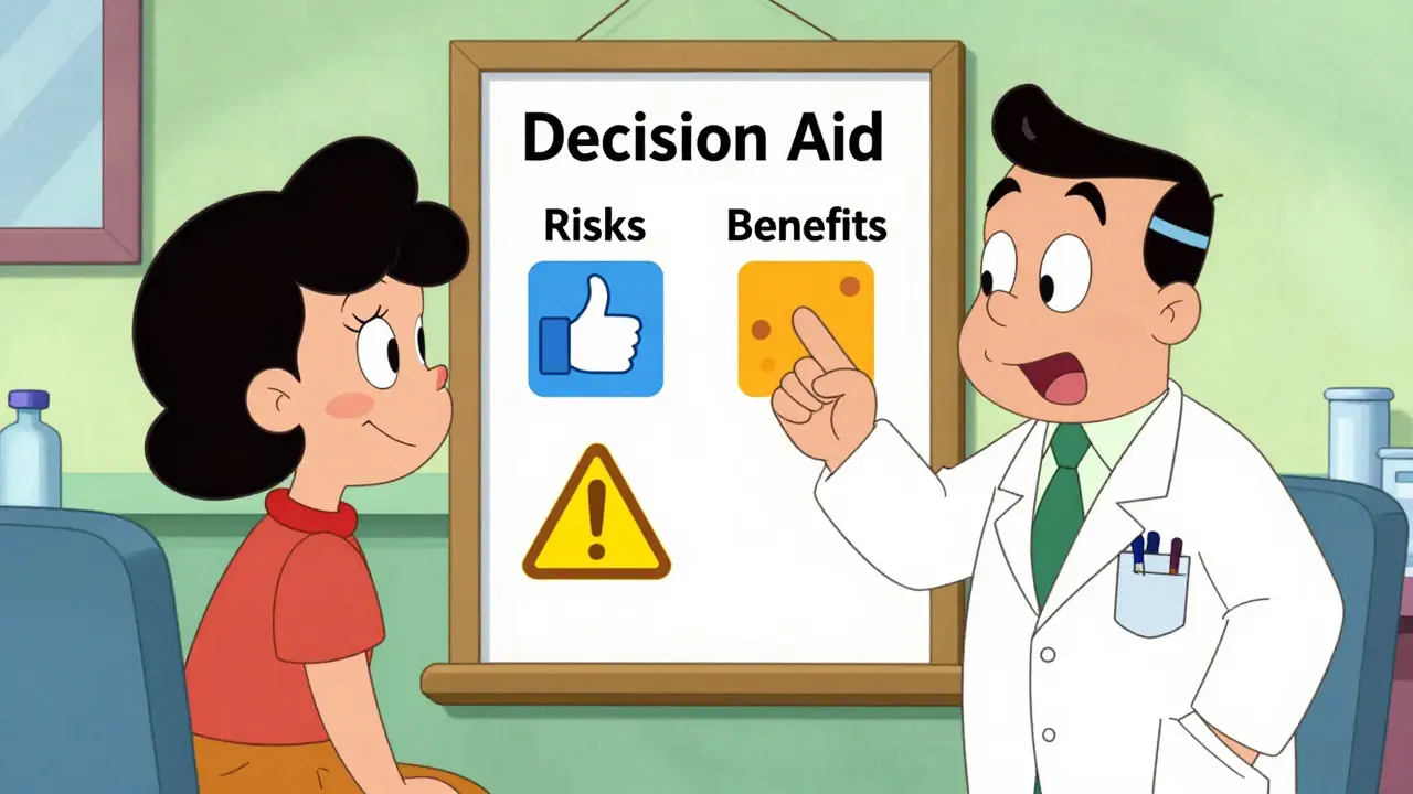 Doctor and patient reviewing a colorful decision aid chart in cartoon style.