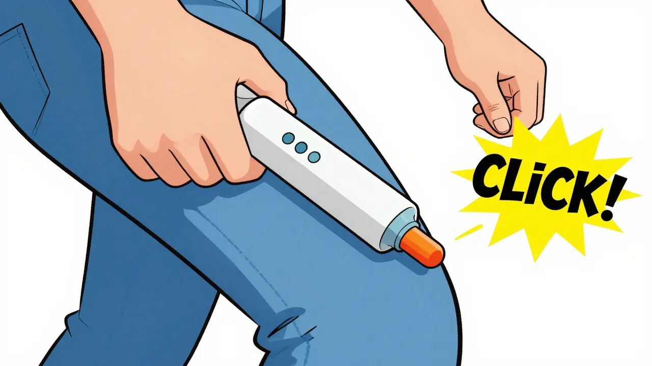Illustration showing the correct technique for injecting an auto-injector into the outer thigh.