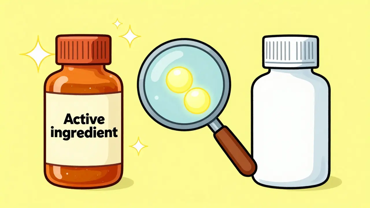 Illustration showing two different medicine bottles containing the same active ingredients.