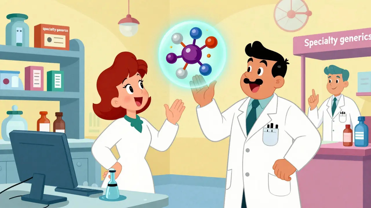 Medical professionals examining a complex biosimilar molecule in a stylized futuristic lab.