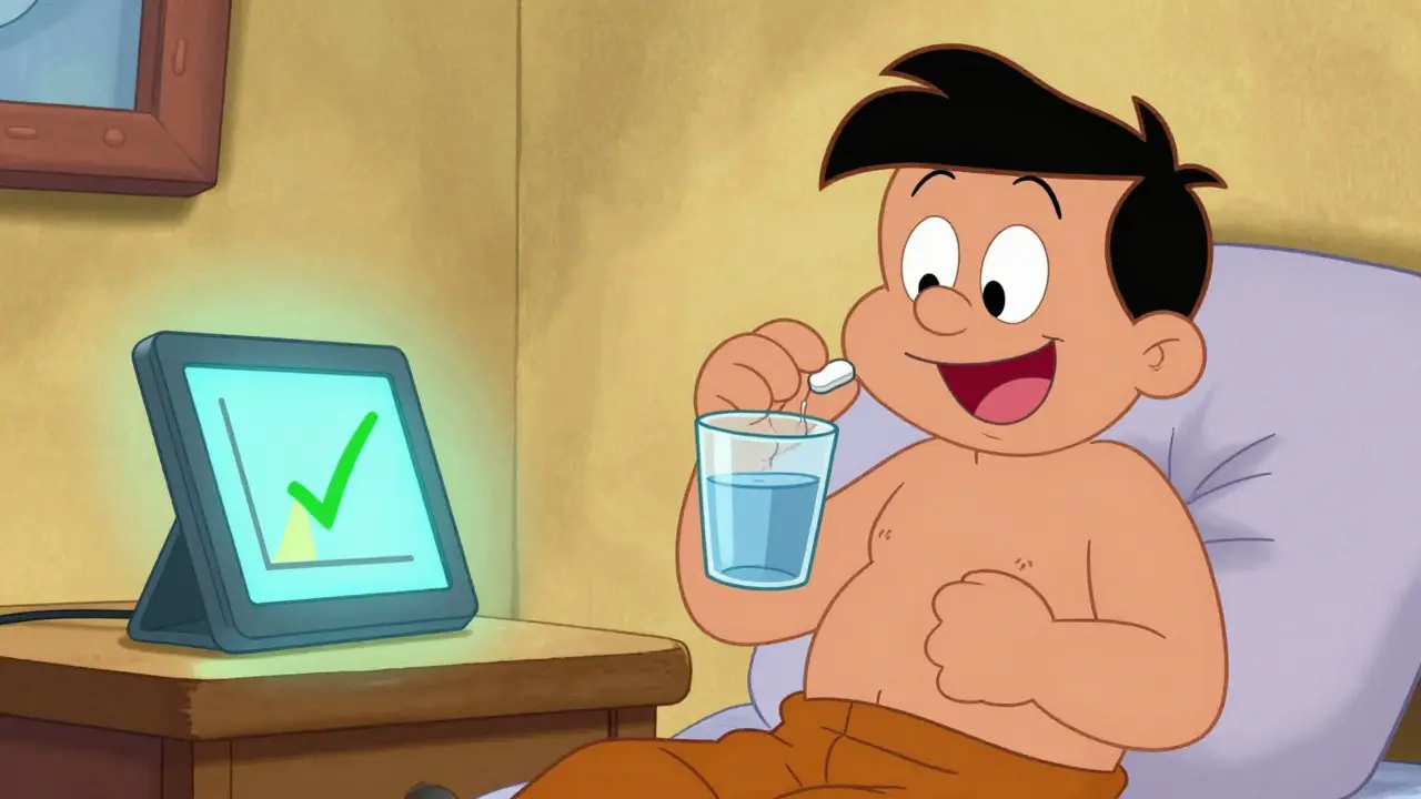 Patient confidently taking medication at home with a digital health tool nearby.