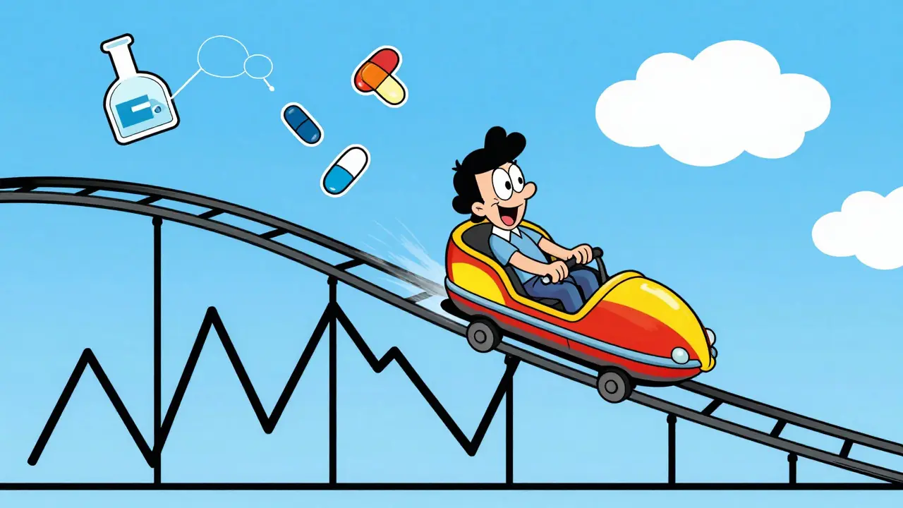 Patient on a rollercoaster track shaped like a fluctuating INR graph