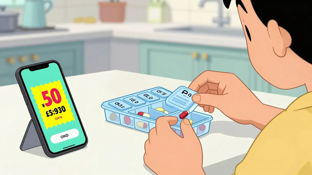Person organizing medication with a digital discount coupon visible on a phone