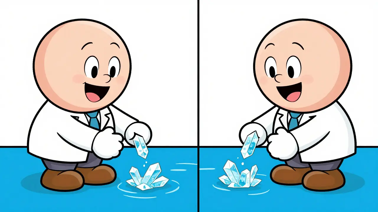 Two friendly personified medication pills helping to dissolve crystals in a river.